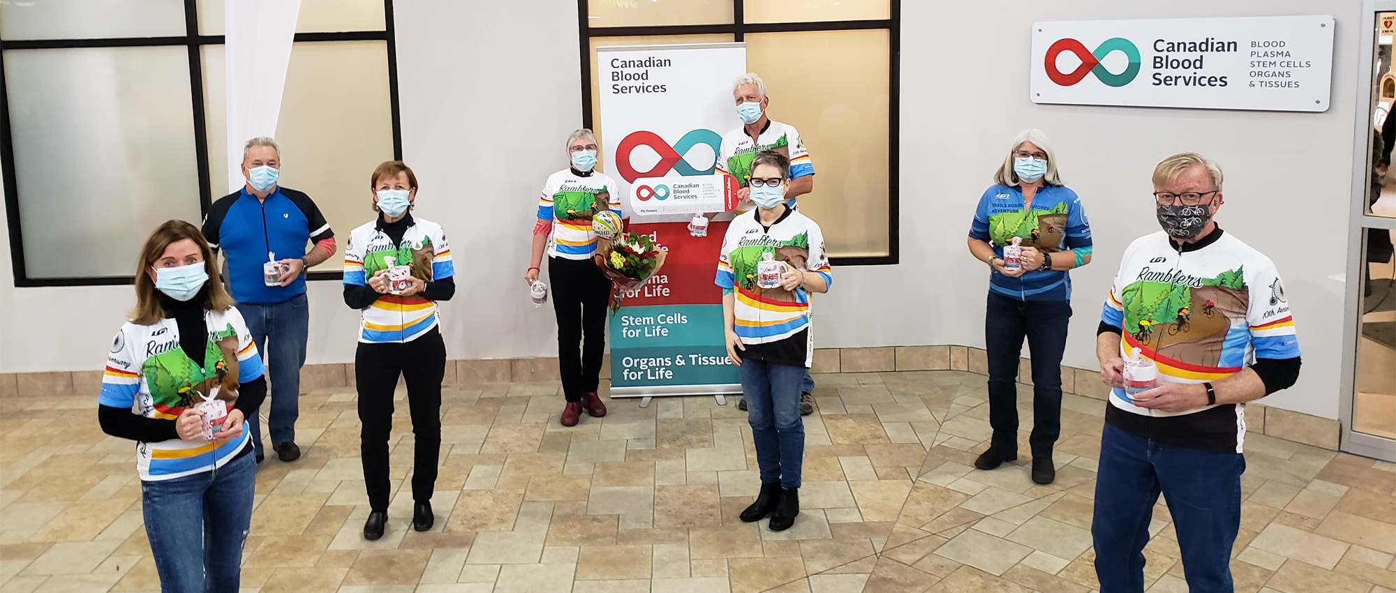 Ramblers Blood donors group shot at Canadian Blood Services, everyone is wearing masks