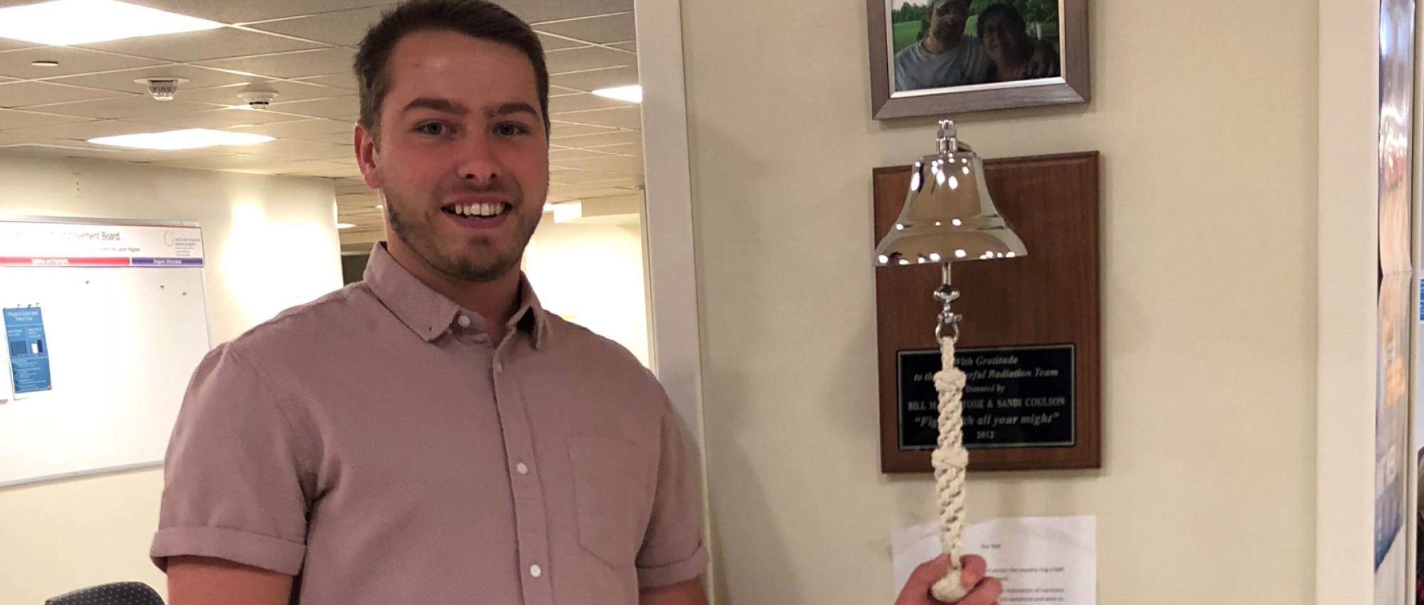 Brock Powell rang this bell to signal the end of cancer treatment, during which he also received blood products. 