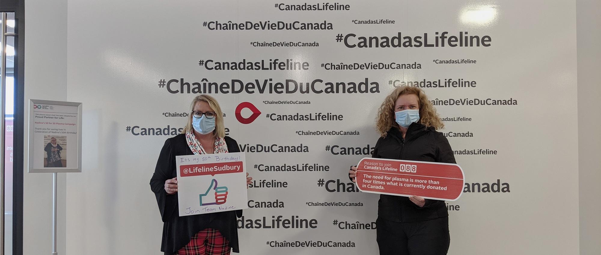 Nadine Law and her friend Lynne Raven Fahey at a plasma donation event in Sudbury. 