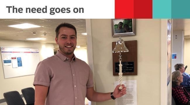 Brock Powell rang this bell to signal the end of cancer treatment, during which he also received blood products.