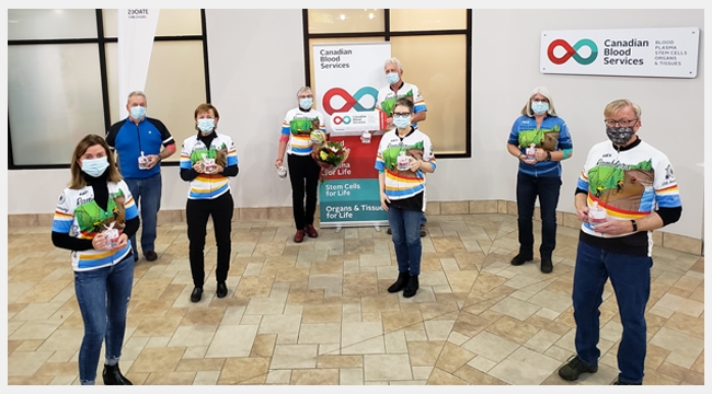 Ramblers Blood donors group shot at Canadian Blood Services, everyone is wearing masks